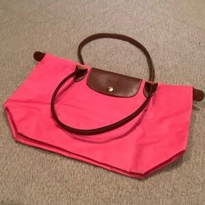 Longchamp Pink Le Pliage Medium Tote with Brown Accents